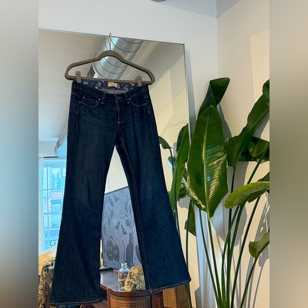 Vintage Paige Premium Denim Hollywood Hills Dark Blue Flare Jeans